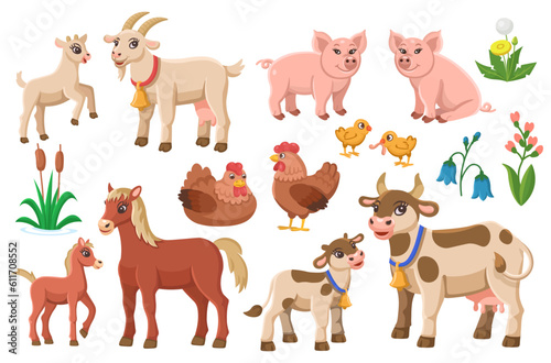 Fototapeta Naklejka Na Ścianę i Meble -  Set of farm animals in a cartoon style. Vector illustration of cow, goat, horse, chicken, pig. Illustrations on white background for children