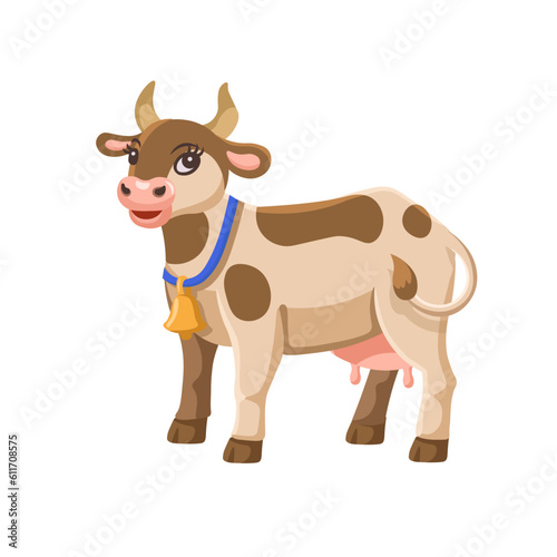Cartoon cow with a bell for kids. Farm animals.Vector illustration