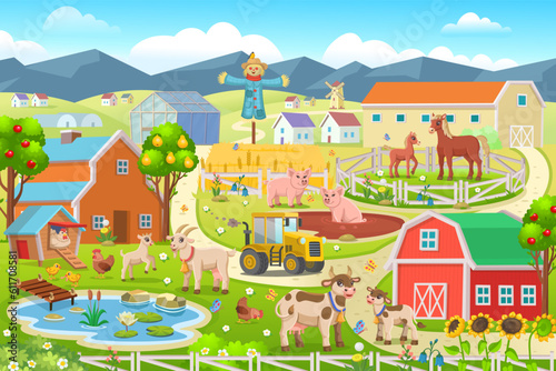 Farm panorama with a greenhouse, barn, houses, mills, fields, trees and farm animals.Big scene with farm animals for kids.Vector illustration in cartoon style. © NADEZHDA