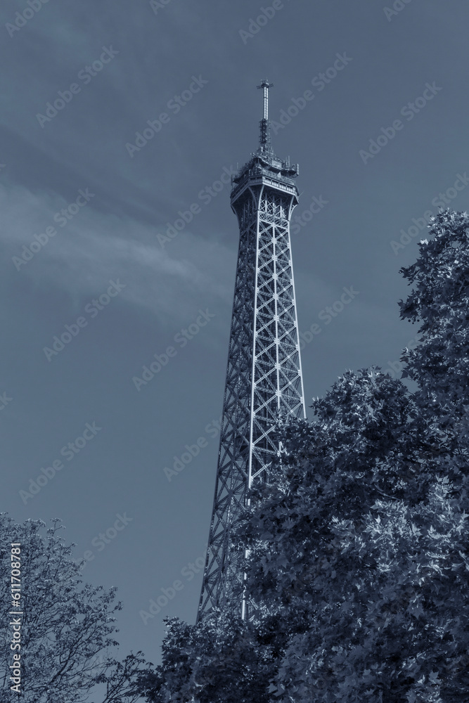 Eiffel Tower in Paris at summer colored in blue