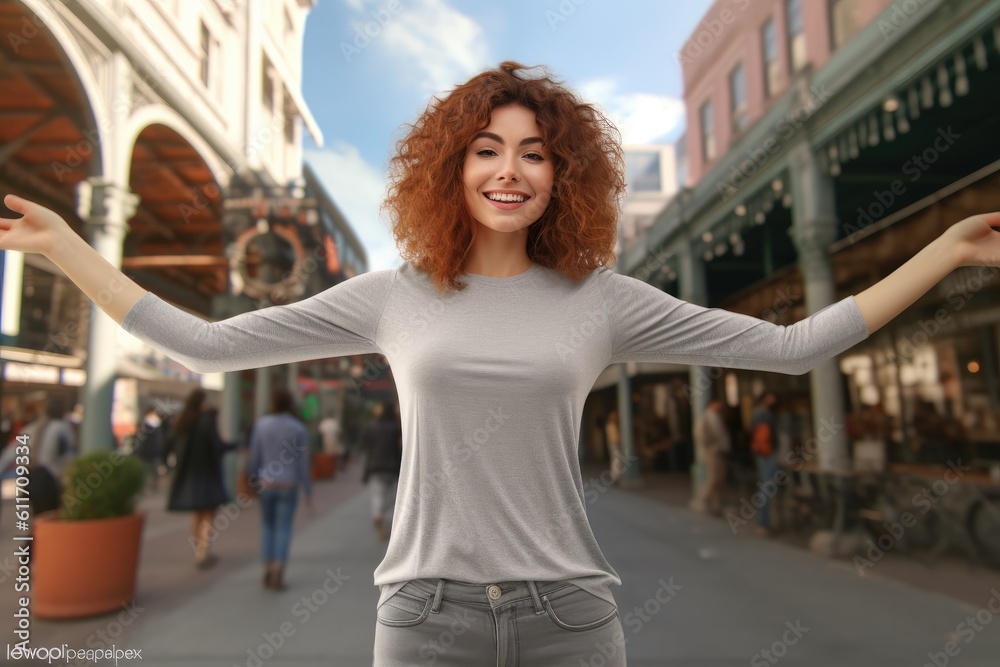 Beautiful woman in a gray t-shirt and jeans poses on a street with shopping malls. Generative AI
