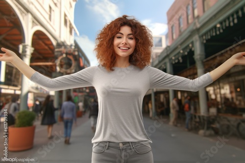 Beautiful woman in a gray t-shirt and jeans poses on a street with shopping malls. Generative AI © GMZ