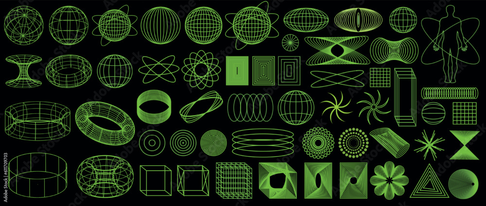© Juliana Valkovskaya - 3d Retro futuristic. Green trip elements on the black background. Acid rave concept. Trippy vibe shapes, dots, lines, abstract forms in vaporwave 80s and 90s.