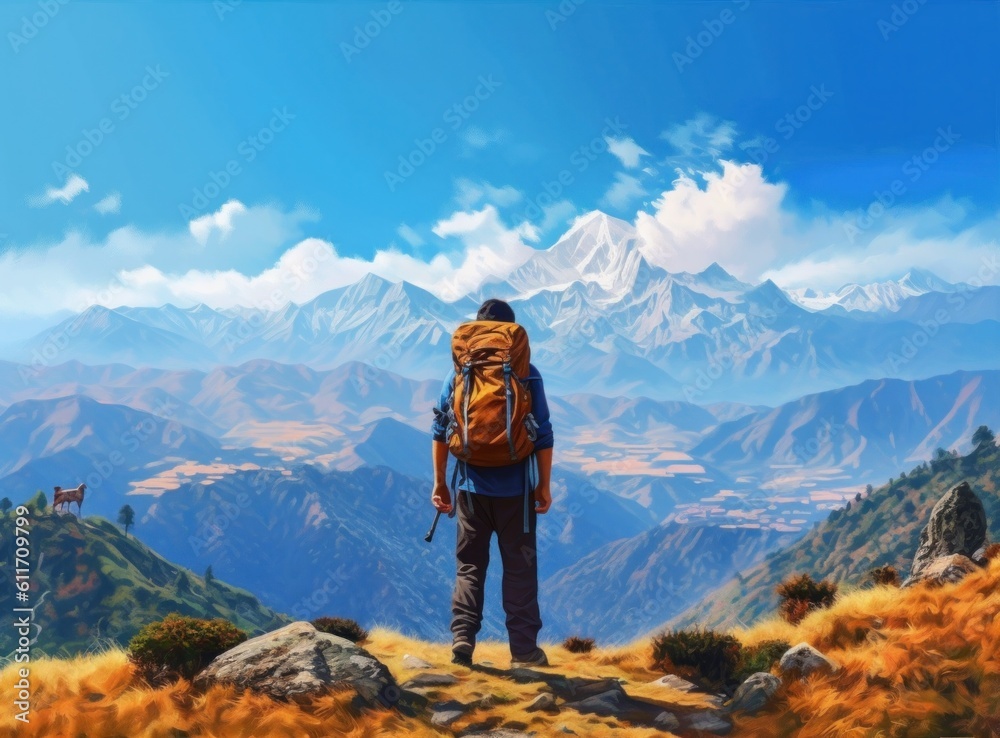 A man standing on rock on a mountain overlooking the clouds. Illustration AI Generative.