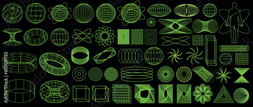 3d Retro futuristic. Green trip elements on the black background. Acid rave concept. Trippy vibe shapes, dots, lines, abstract forms in vaporwave 80s and 90s.