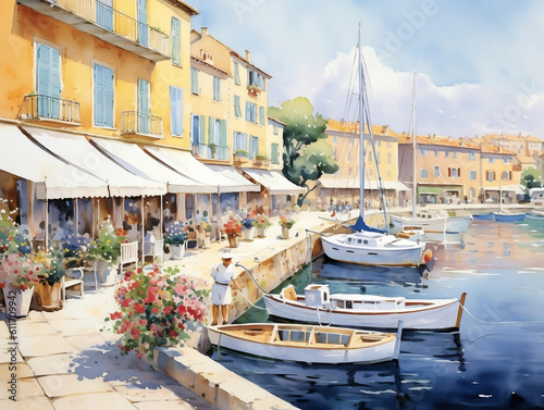 Idyllic Afternoon in Saint Tropez: A Watercolor Journey Through Sun-Kissed Street and Vibrant Harbor