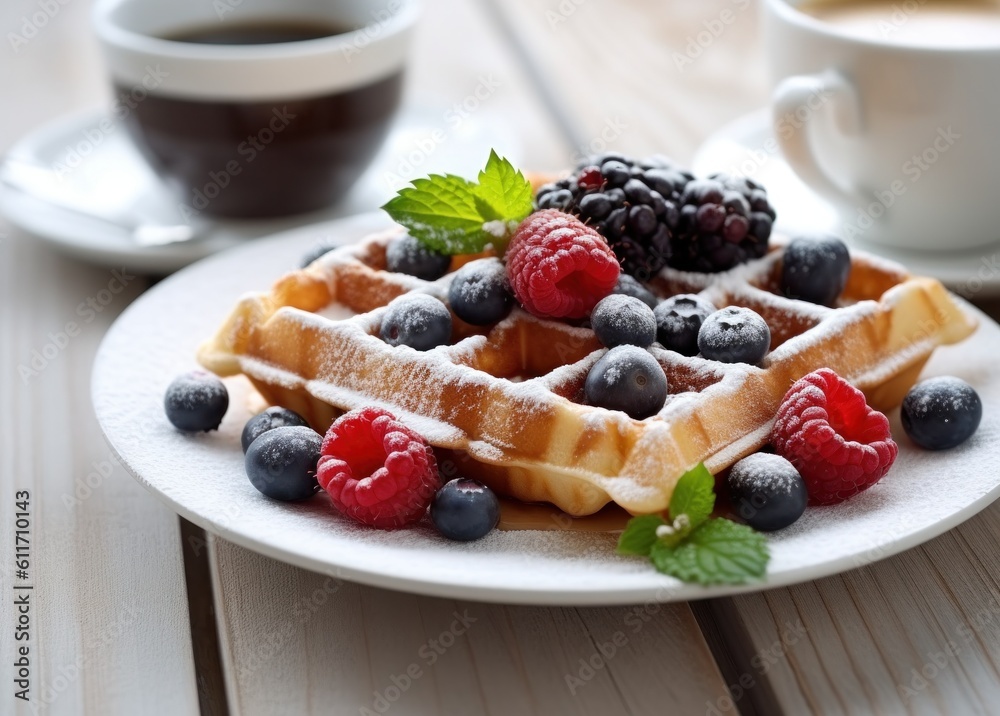 Waffle plate with berries. Illustration AI Generative. Waffle plate with berries. Illustration AI Generative.