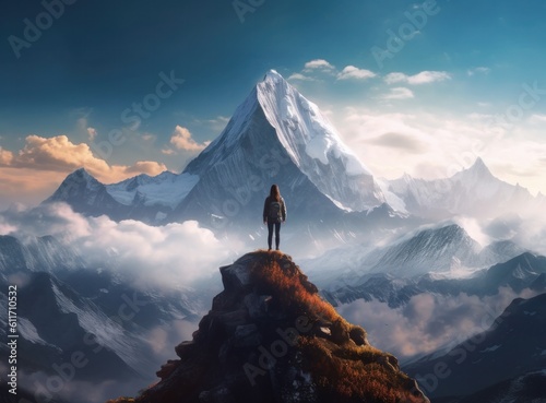 Print op canvas A man standing on rock on a mountain overlooking the clouds
