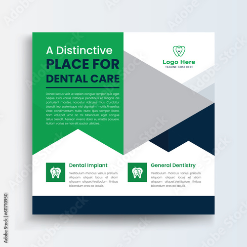 Dental Care Healthcare and Medical social media post template. Modern banner design with blue color ribbon decoration and place for the photo. Suitable for social media, websites, flyers, and banners.
