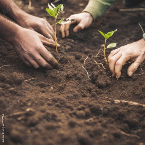 Hands Planting Seedlings: A Symbol of Love, Faith, and Environmental Care | Two hands to help plant trees and seedlings with love and faith. photo