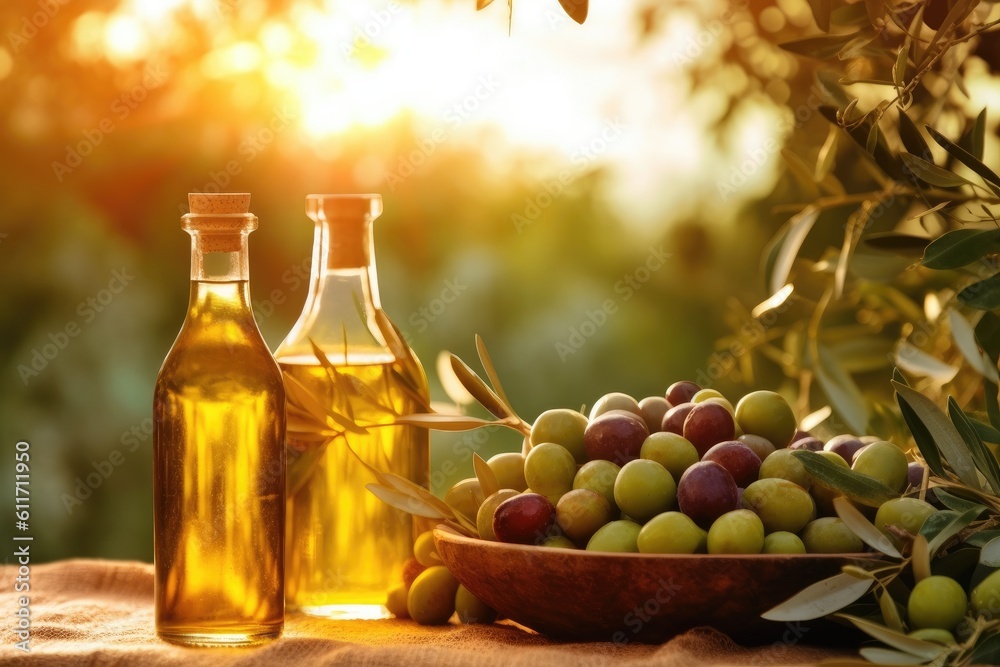 Glass container with olive oil on wooden table and olives. Generative AI Glass container with olive oil on wooden table and olives. Generative AI
