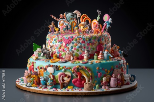 Gorgeous birthday cake for children. With colorful sweets. Generative AI