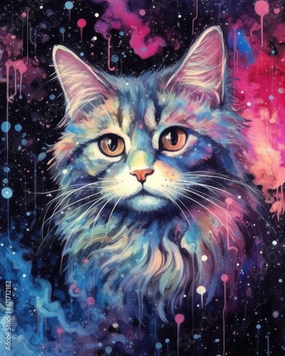 art cat in space . dreamlike background with cat . Hand Drawn Style illustration . Beautiful cat in outer space
