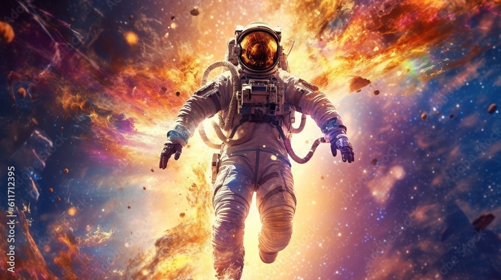 artistic astronaut surrounded by stars and planets. Generative ai. artistic astronaut surrounded by stars and planets. Generative ai.