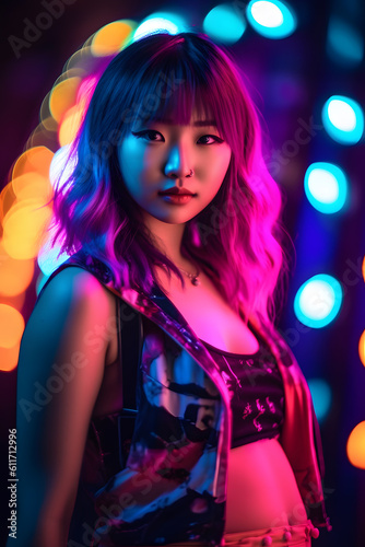 Portrait of beautiful Asian woman in a fashionable cloth around colourful bright neon uv lights. Generative AI.