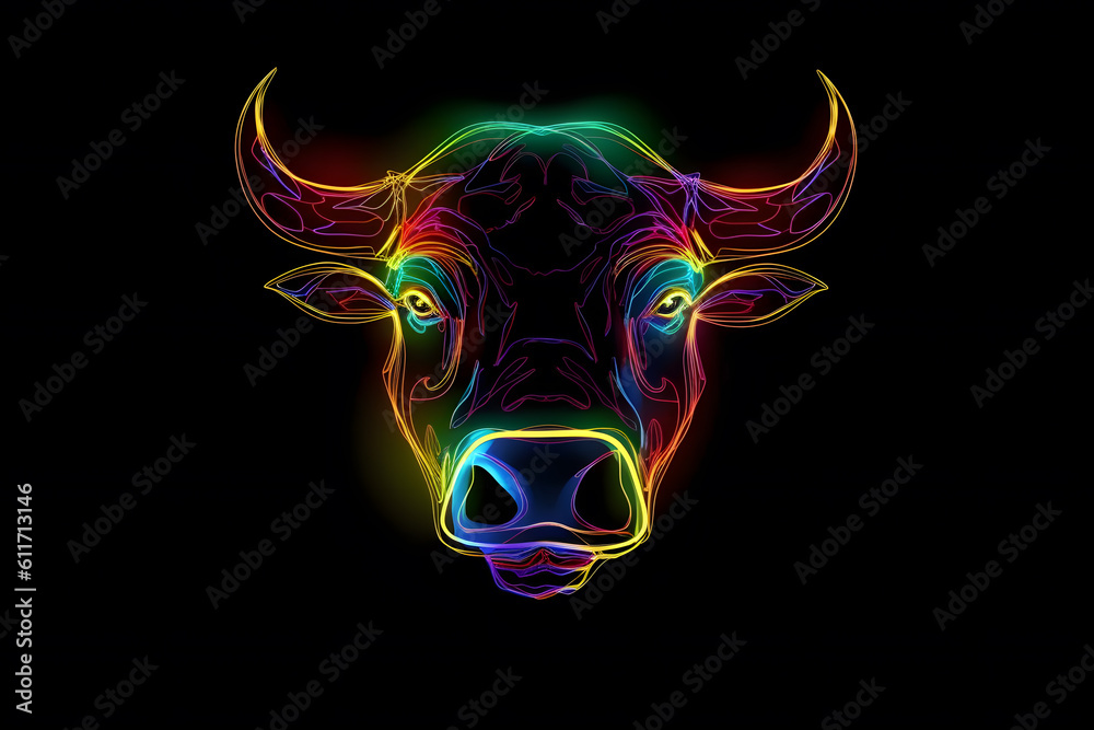 Figure of a bull with neon lighting isolated on black background. Generative AI Figure of a bull with neon lighting isolated on black background. Generative AI