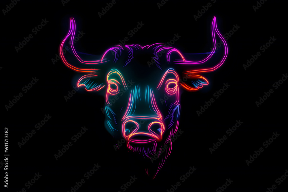 Figure of a bull with neon lighting isolated on black background. Generative AI