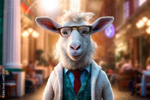 friendly and charismatic sheep character involved in an everyday activity, animal influencer, animals banner, Generative AI