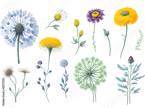 set of watercolor Taraxacum flower elements on transparent background generative ai
