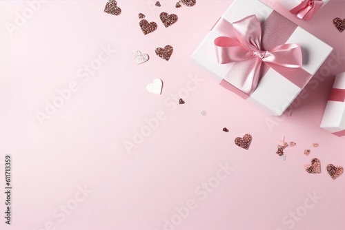 Top view photo of white gift boxes with pink bows curly ribbon silver sequins and heart-shaped