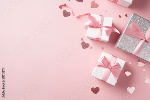 Top view photo of white gift boxes with pink bows curly ribbon silver sequins and heart-shaped © Color