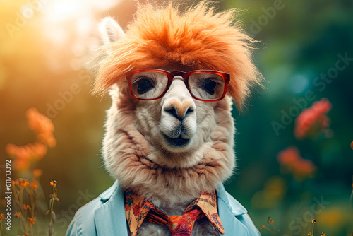 friendly and charismatic alpaca character involved in an everyday activity, animal influencer, animals banner, Generative AI
