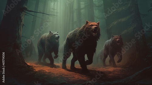 A werewolf pack hunting in the woods. Fantasy concept , Illustration painting. Generative AI