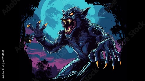 A werewolf under a full moon. Fantasy concept , Illustration painting. Generative AI