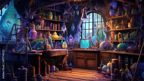 A wizard's laboratory with potions and spell books. Fantasy concept , Illustration painting. Generative AI