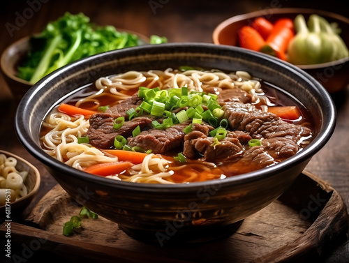 Beef noodle soup. Taiwanese famous food with sliced red braised beef and vegetables in a bowl on wooden table background. Taste of Taiwan. AI Generative.