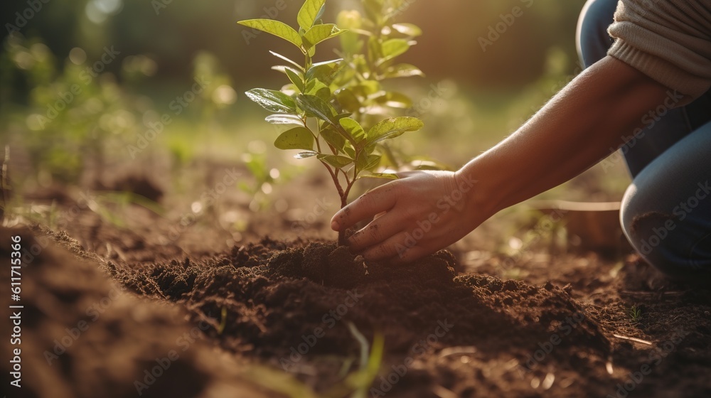 Fototapeta premium A man plants trees in a square in a community garden, promoting local food production and habitat restoration, the concept of sustainable development and community engagement. Generative AI