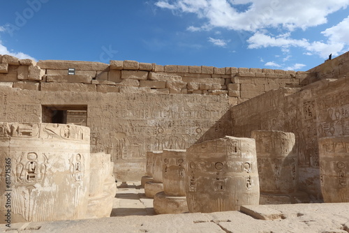 Inscriptions on the columns of the mortuary temple of Medinet Habu in Luxor in Egypt photo