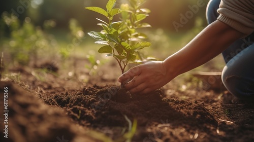 A man plants trees in a square in a community garden, promoting local food production and habitat restoration, the concept of sustainable development and community engagement. Generative AI
