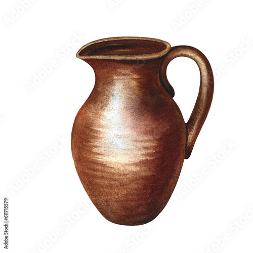 Clay jug. Watercolor illustration. Ceramics, faience, earthenware. Separate on a white background. For designer packaging of dairy products, textiles, kitchen utensils, rustic prints and kitchen item.