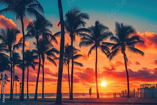Florida Sunset: Palm Trees on Miami's South Beach for Destination Background. Generative AI