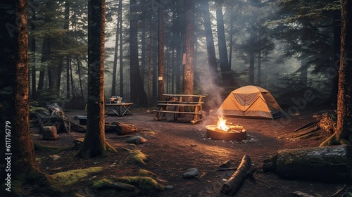 Campsite In The Woods  Generative AI Illustration