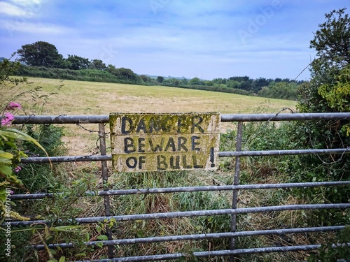 old danger sign warning of bull in a field
