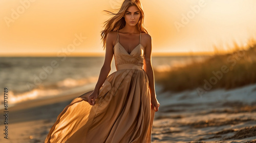 Ethereal Elegance  A Graceful Model Under the Warm Glow of a Beach Sunset