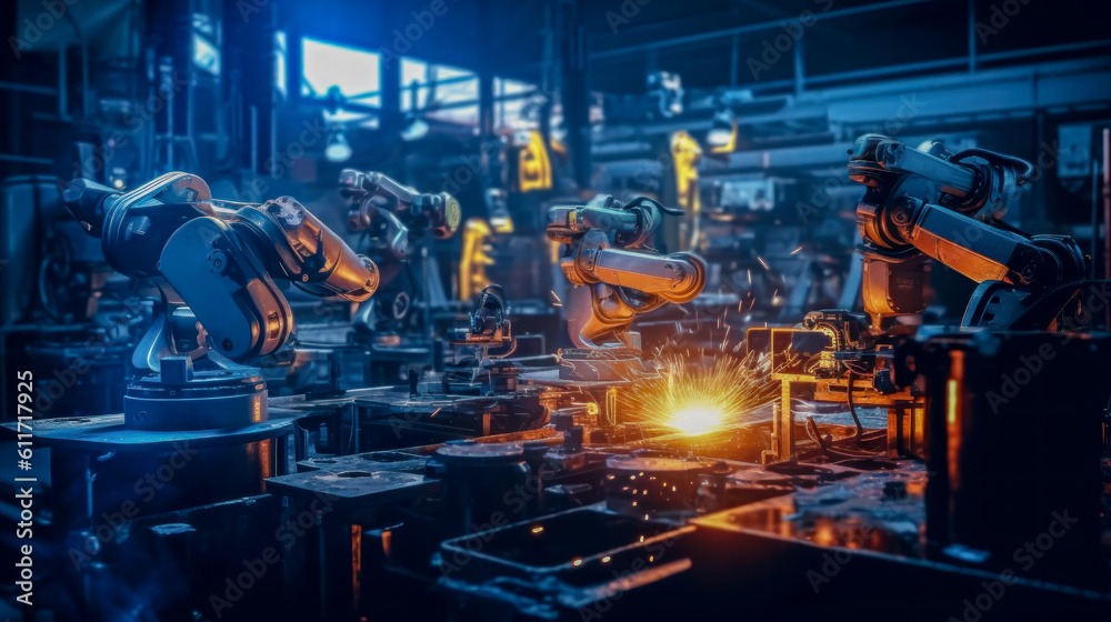a robotic welding team working on steel welding in industrial factory factory parts. Generative ai