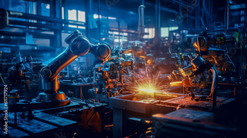 a robotic welding team working on steel welding in industrial factory factory parts. Generative ai