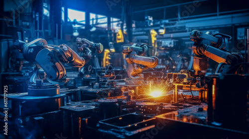 a robotic welding team working on steel welding in industrial factory factory parts. Generative ai © เลิศลักษณ์ ทิพชัย