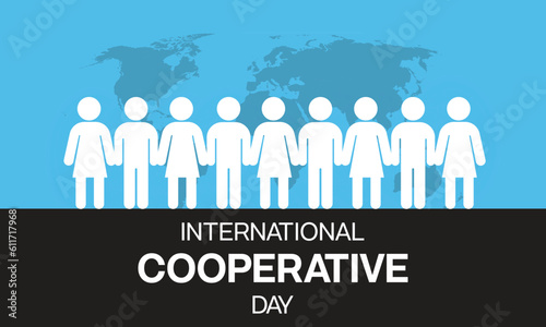 International Cooperative Day design with a group of people holding hand with world map in the background. Vector illustration