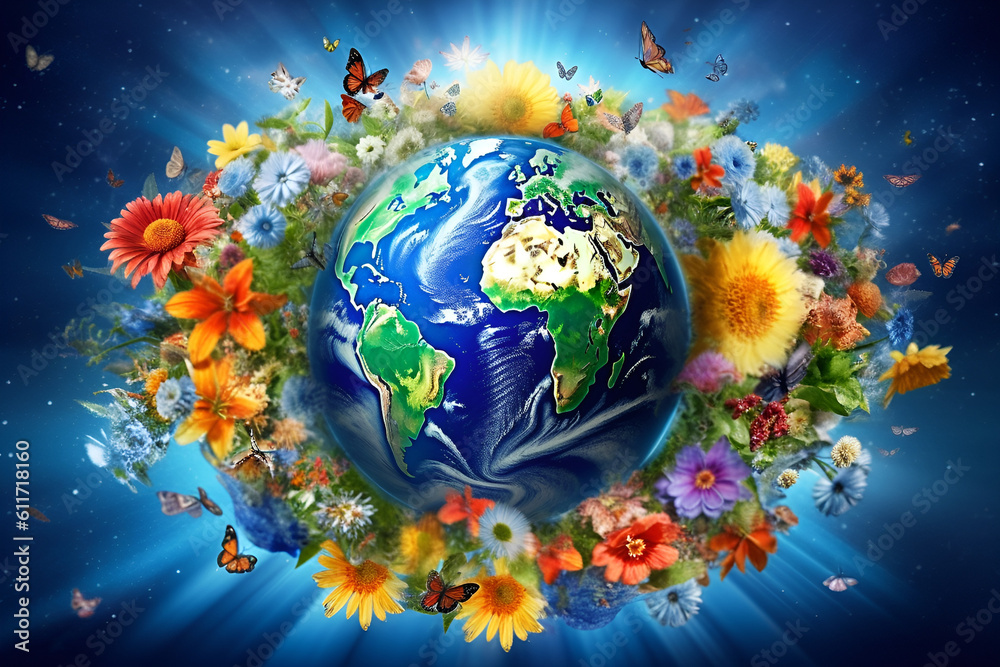 AI, ecologic poster showing the beauty of our planet, flowers, Earth, bright colores