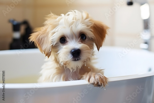 Dog taking a bath in tub, Generative AI