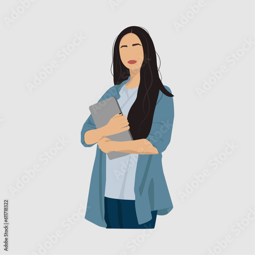 Person holding a laptop, student, pretty woman. Vector illustration in faceless style