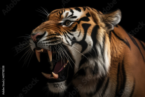 tiger, black background, hyperrealistic photography, perfect composition, ai generated. © Giovanna