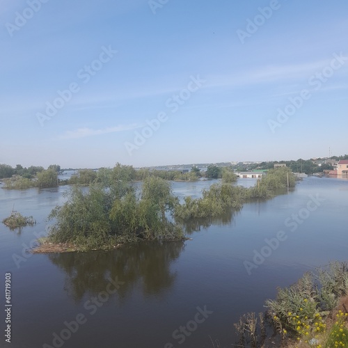 A photo of the flooded bank after the tragedy at the dam on the Kakhovsky Reservoir © A_sm