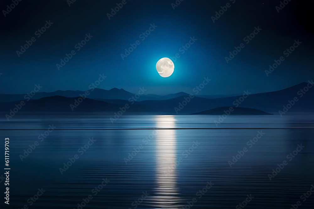 A majestic full moon hovers above a vast ocean, casting a radiant path of moonlight on the calm waters. The moon's reflection shimmers with gentle ripples