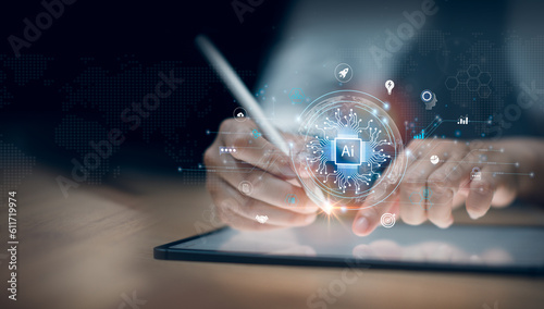 Humans use tablets to work with AI, Artificial Intelligence, Learning Business Internet Technology Concepts in futuristic business, and develop innovations for future technology changes.