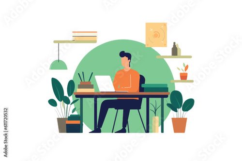 person working at a desk with a laptop and documents. It conveys professionalism and productivity in a modern business environment